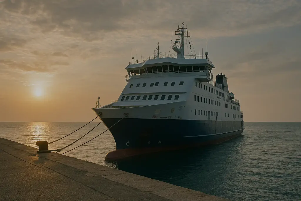 Ferry moderne naviguant sur la mer Méditerranée sous un ciel bleu, reliant la France au Maroc.