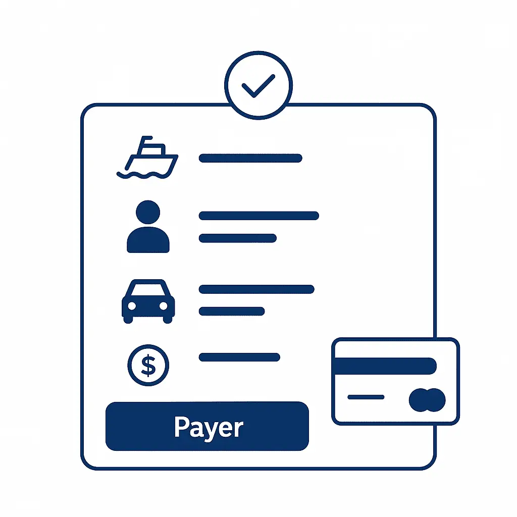 Visuel sécurisé de paiement de commande de billet de ferry en ligne avec carte bancaire.